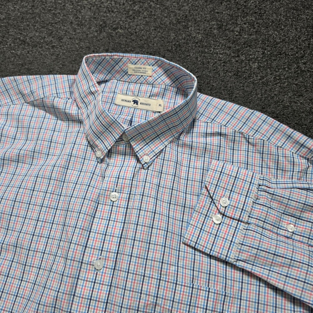 Onward Reserve Button Down Shirt Blue Pink Plaid Mens XL Classic Fit Non-Iron